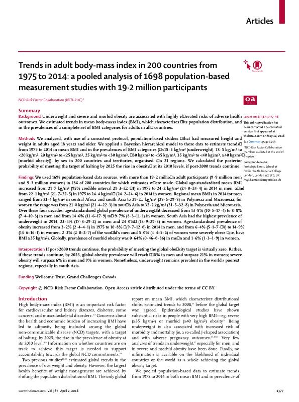 Trends in adult body-mass index in 200 countries from 1975 to 2014: A pooled analysis of 1698 population-based measurement studies with 19.2 million participants