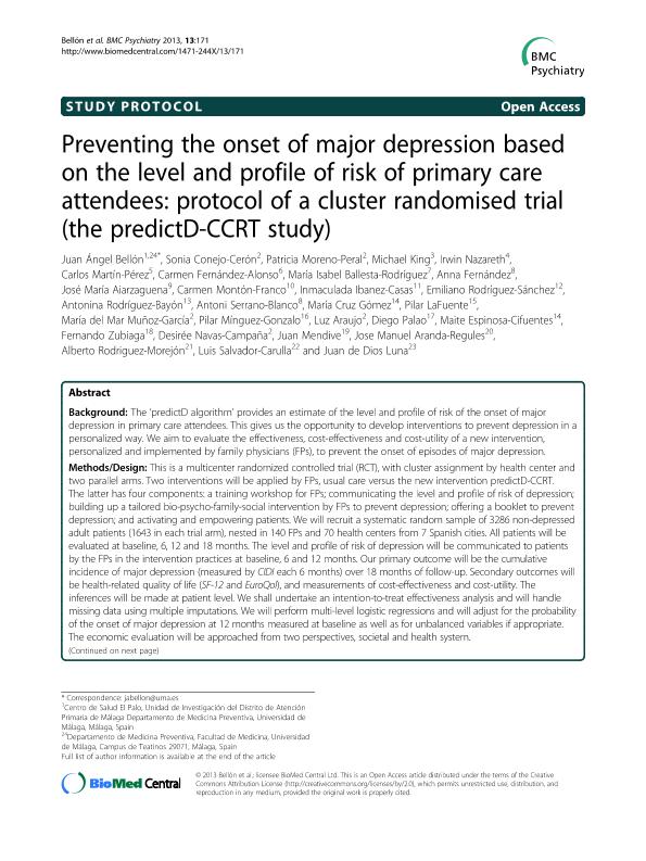 Preventing the onset of major depression based on the level and profile of risk of primary care attendees: Protocol of a cluster randomised trial (the predictD-CCRT study)