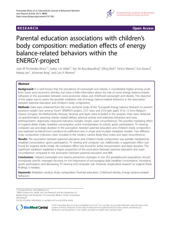 Parental education associations with children's body composition: Mediation effects of energy balance-related behaviors within the ENERGY-project