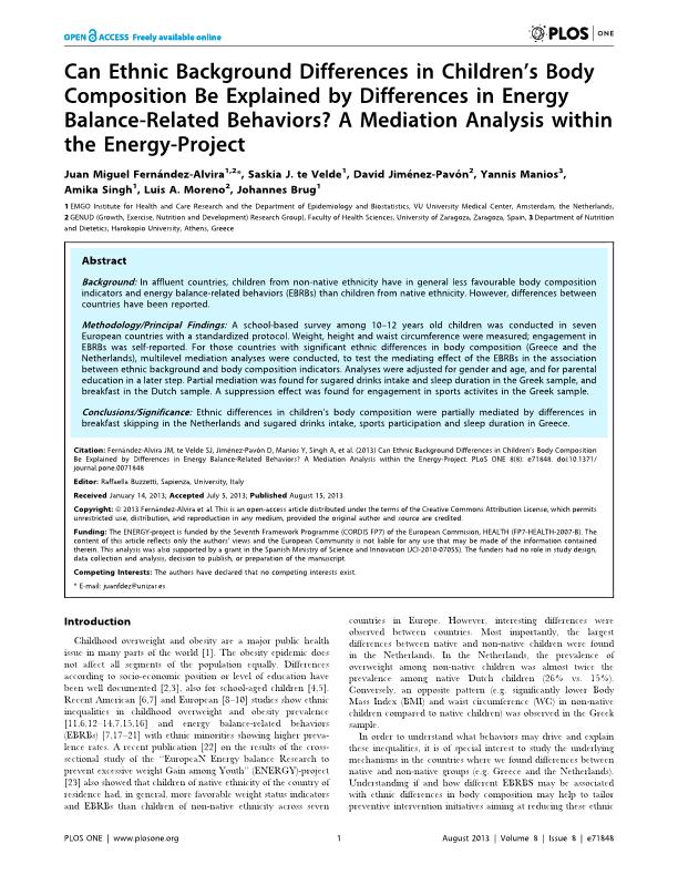 Can Ethnic Background Differences in Children's Body Composition Be Explained by Differences in Energy Balance-Related Behaviors? A Mediation Analysis within the Energy-Project