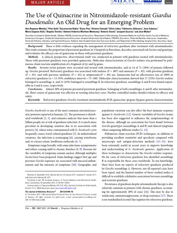 The Use of Quinacrine in Nitroimidazole-resistant Giardia Duodenalis: An Old Drug for an Emerging Problem.