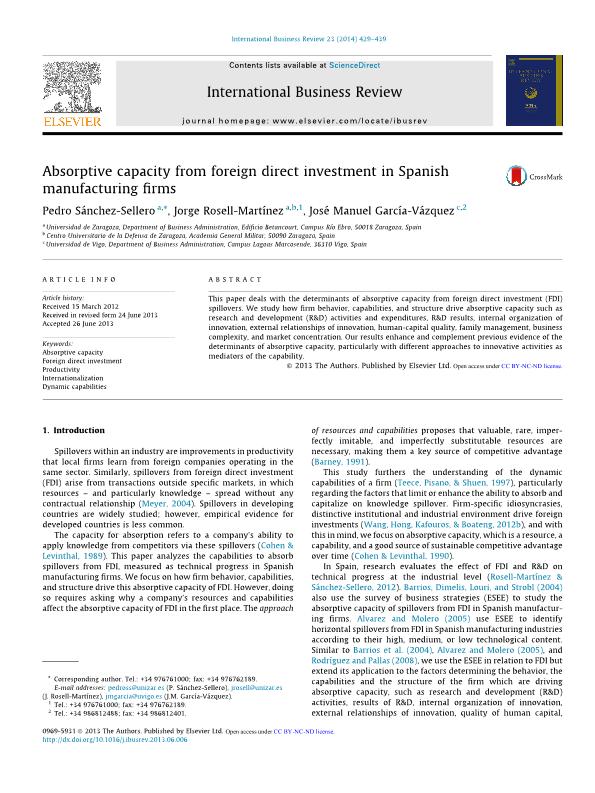 Absorptive capacity from foreign direct investment in Spanish manufacturing firms