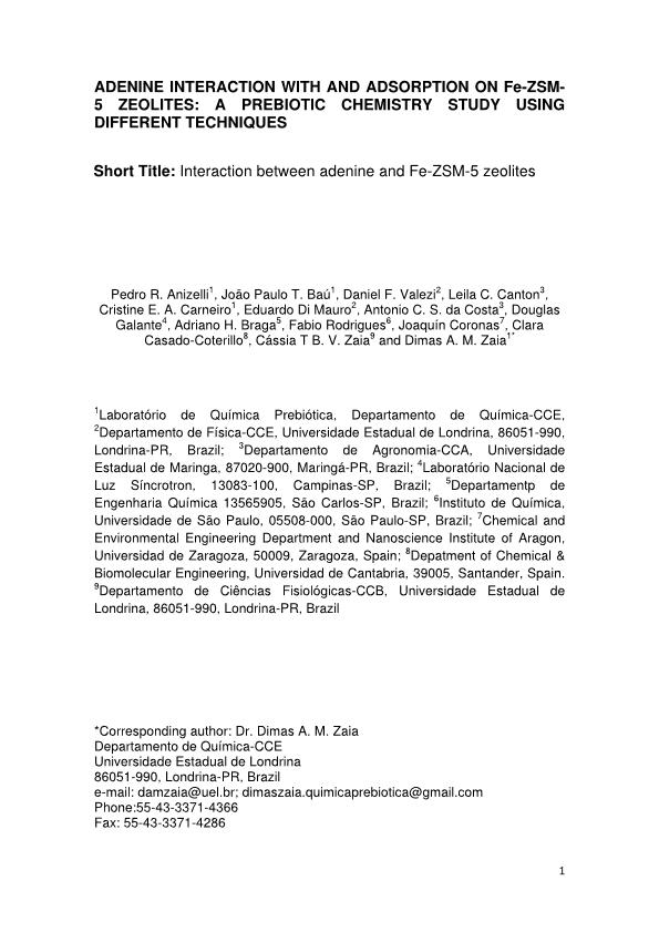 Adenine interaction with and adsorption on Fe-ZSM-5 zeolites: A prebiotic chemistry study using different techniques