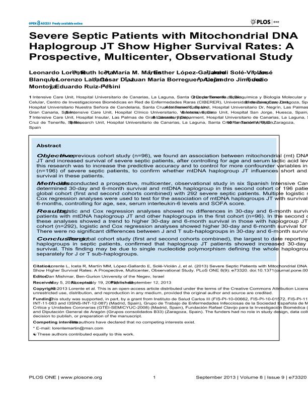 Severe Septic Patients with Mitochondrial DNA Haplogroup JT Show Higher Survival Rates: A Prospective, Multicenter, Observational Study