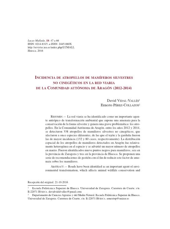 Incidencia de atropellos de mamíferos silvestres no cinegéticos en la red viaria de la comunidad autónoma de Aragón (2012-2014)