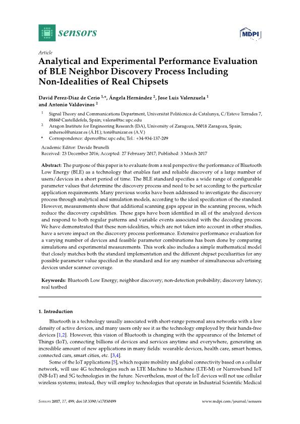 Analytical and experimental performance evaluation of BLE neighbor discovery process including non-idealities of real chipsets