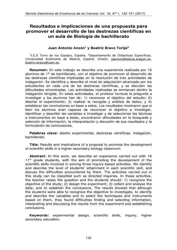 Resultados e implicaciones de una propuesta para promover el desarrollo de las destrezas científicas en un aula de Biología de bachillerato