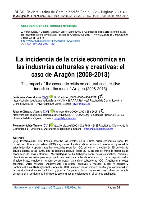 La incidencia de la crisis económica en las industrias culturales y creativas: el caso de Aragón (2008-2013)