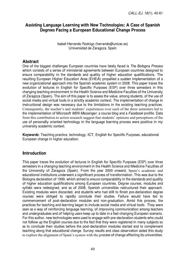 Assisting language learning with new technologies: A case of Spanish degrees facing European educational change process