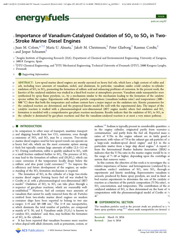 Importance of Vanadium-Catalyzed Oxidation of SO2 to SO3 in Two-Stroke Marine Diesel Engines