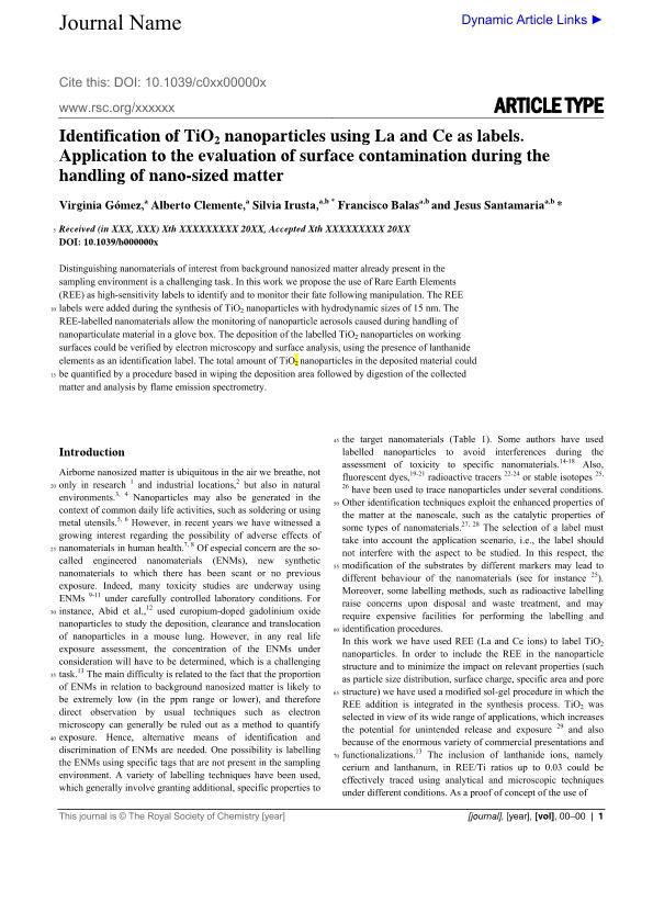 Identification of TiO2 nanoparticles using La and Ce as labels: Application to the evaluation of surface contamination during the handling of nanosized matter