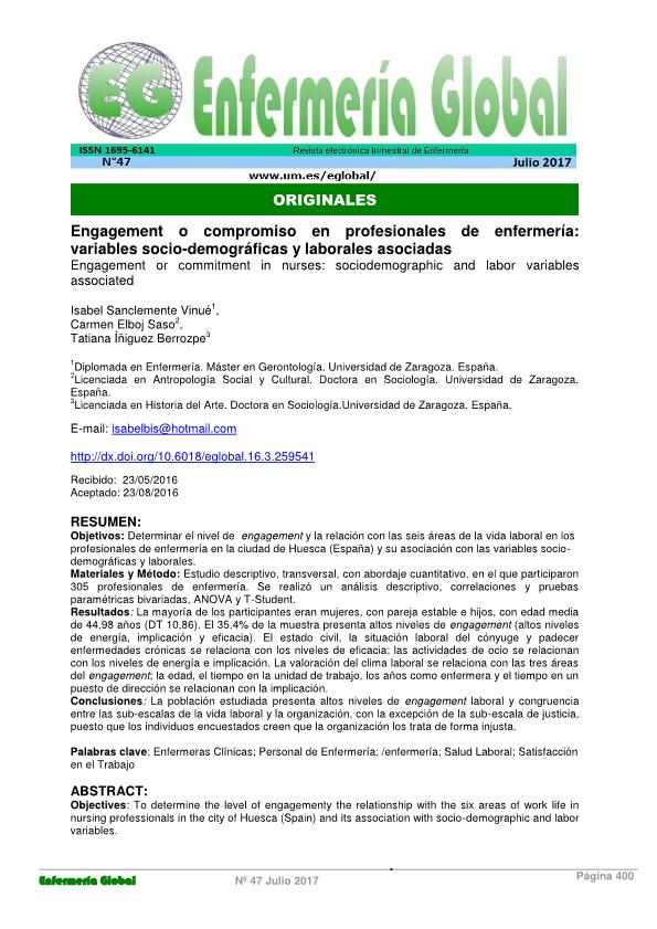 Engagement o compromiso en profesionales de enfermería: variables socio-demográficas y laborales asociadas