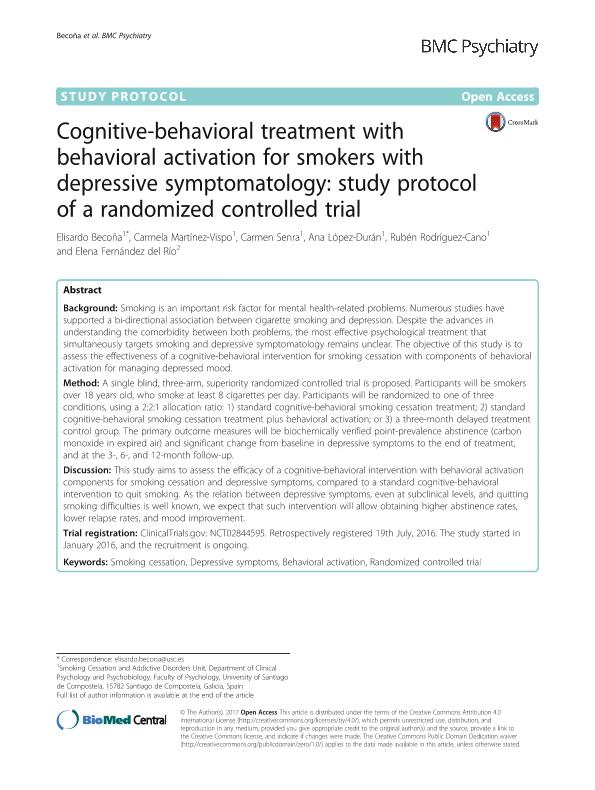 Cognitive-behavioral treatment with behavioral activation for smokers with depressive symptomatology: Study protocol of a randomized controlled trial