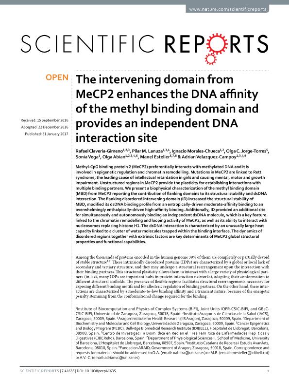 The intervening domain from MeCP2 enhances the DNA affinity of the methyl binding domain and provides an independent DNA interaction site