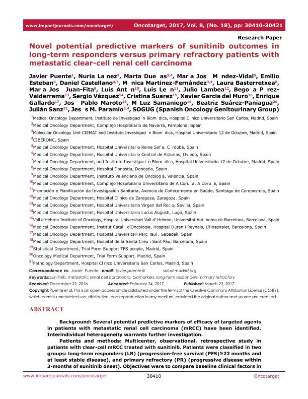 Novel potential predictive markers of sunitinib outcomes in long-term responders versus primary refractory patients with metastatic clear-cell renal cell carcinoma