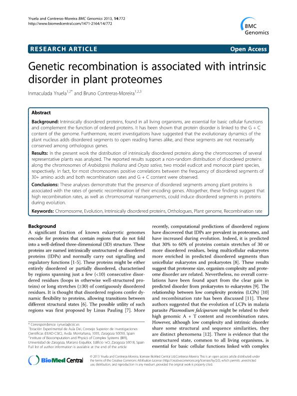 Genetic recombination is associated with intrinsic disorder in plant proteomes