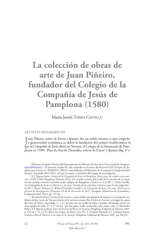 La colección de obras de arte de Juan Piñeiro, fundador del colegio de la Compañía de Jesús de Pamplona (1580)