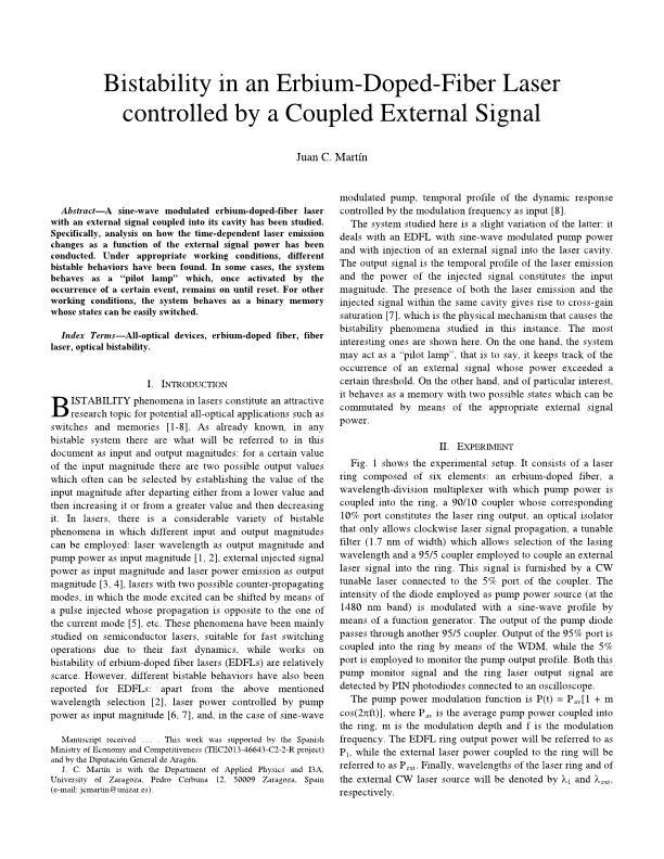 Bistabillity in an erbium-doped-fiber laser controlled by a coupled external signal