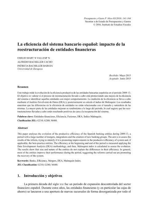 La eficiencia del sistema bancario español: impacto de la reestructuración de entidades financieras