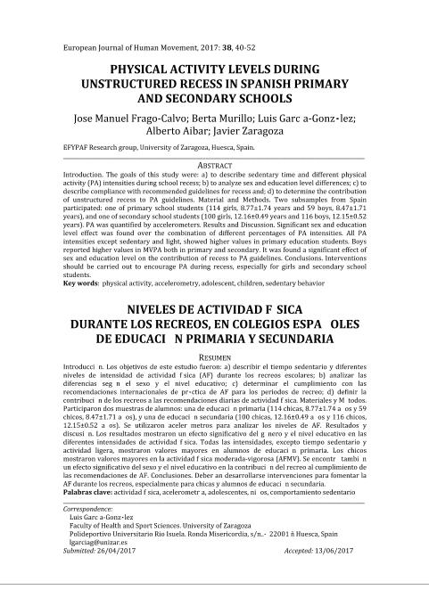 Physical activity levels during unstructured recess in Spanish primary and secondary schools