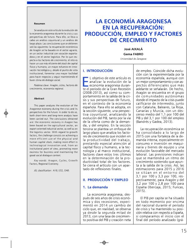 La economía aragonesa en la recuperación: producción, empleo y factores de crecimiento