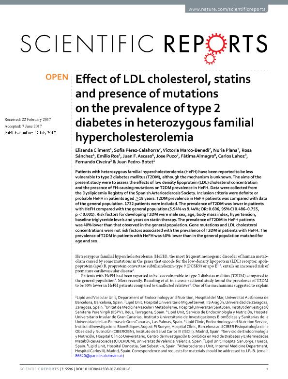 Effect of LDL cholesterol, statins and presence of mutations on the prevalence of type 2 diabetes in heterozygous familial hypercholesterolemia