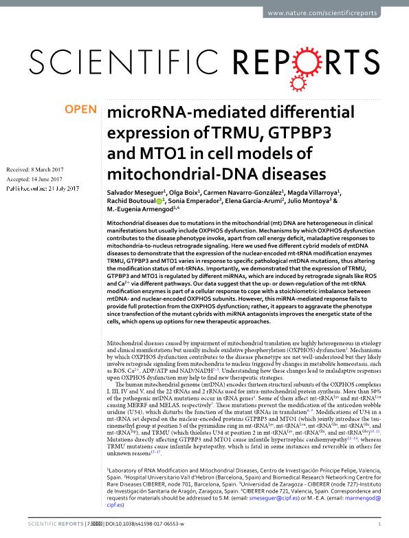 MicroRNA-mediated differential expression of TRMU, GTPBP3 and MTO1 in cell models of mitochondrial-DNA diseases