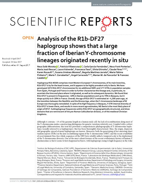 Analysis of the R1b-DF27 haplogroup shows that a large fraction of Iberian Y-chromosome lineages originated recently in situ