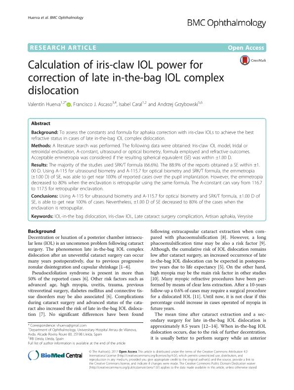 Calculation of iris-claw IOL power for correction of late in-the-bag IOL complex dislocation
