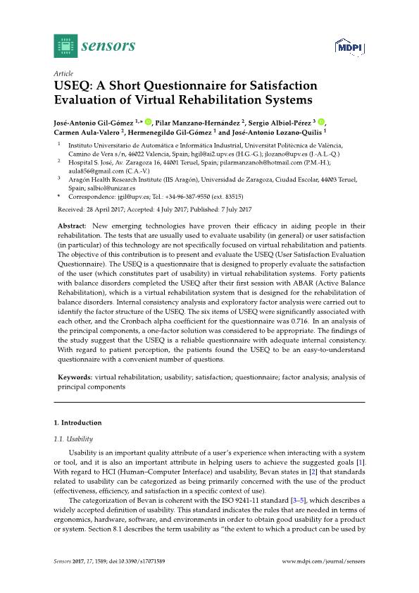 USEQ: a short questionnaire for satisfaction evaluation of virtual rehabilitation systems
