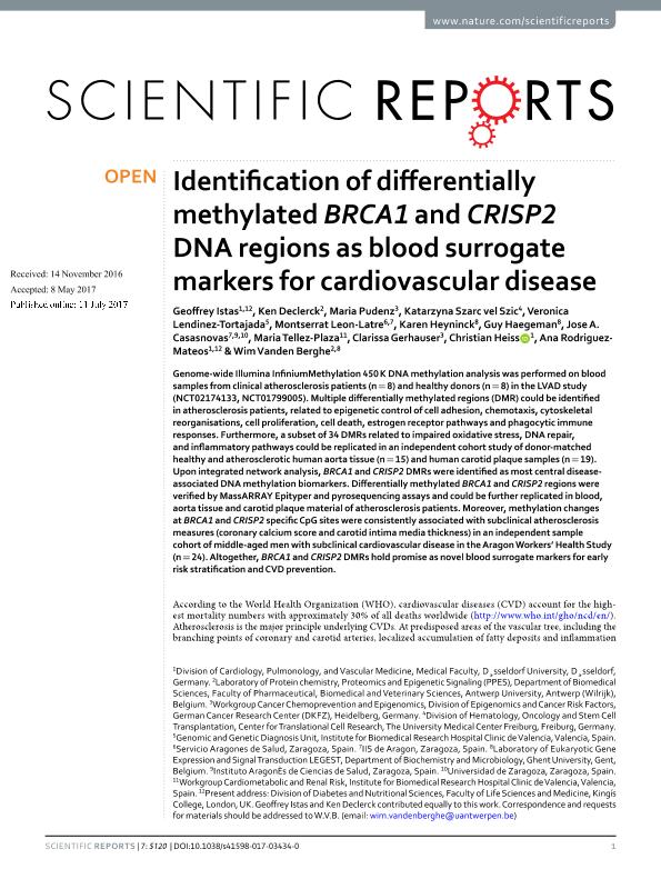 Identification of differentially methylated BRCA1 and CRISP2 DNA regions as blood surrogate markers for cardiovascular disease