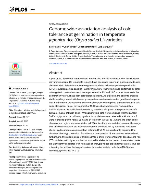 Genome wide association analysis of cold tolerance at germination in temperate japonica rice (Oryza sativa L.) varieties