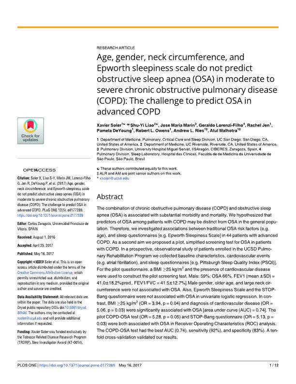 Age, gender, neck circumference, and Epworth sleepiness scale do not predict obstructive sleep apnea (OSA) in moderate to severe chronic obstructive pulmonary disease (COPD): The challenge to predict OSA in advanced COPD