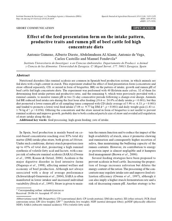 Effect of the feed presentation form on the intake pattern, productive traits and rumen pH of beef cattle fed high concentrate diets