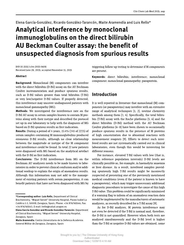 Analytical interference by monoclonal immunoglobulins on the direct bilirubin AU Beckman Coulter assay: The benefit of unsuspected diagnosis from spurious results