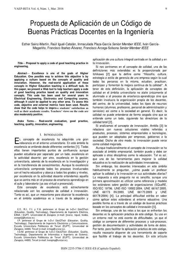 Propuesta de Aplicación de un Código de Buenas Prácticas Docentes en la Ingeniería
