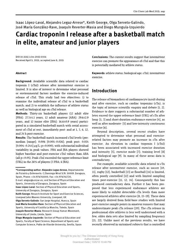 Cardiac troponin i release after a basketball match in elite, amateur and junior players