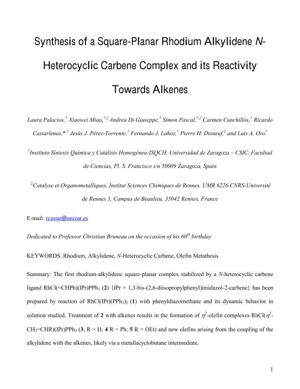 Synthesis of a square-planar rhodium alkylidene N-heterocyclic carbene complex and its reactivity toward alkenes