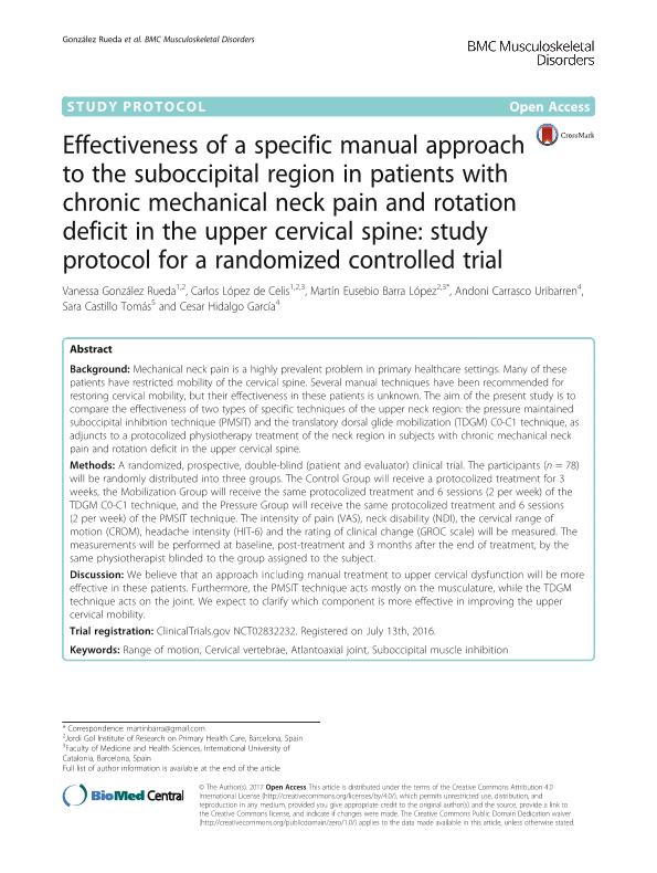 Effectiveness of a specific manual approach to the suboccipital region in patients with chronic mechanical neck pain and rotation deficit in the upper cervical spine: study protocol for a randomized controlled trial