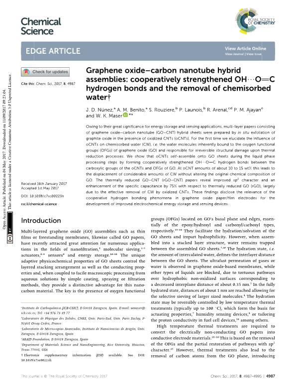 Graphene oxide-carbon nanotube hybrid assemblies: Cooperatively strengthened OH¿O=C hydrogen bonds and the removal of chemisorbed water