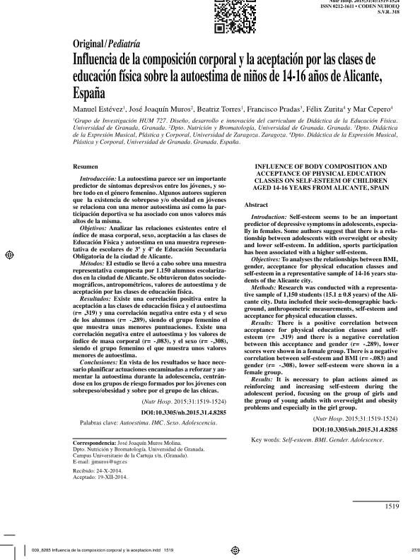 Influence of body composition and acceptance of physical education classes on self-esteem of children aged 14-16 years from Alicante, Spain