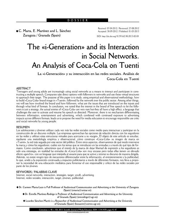 The «i-Generation» and its interaction in social networks. An analysis of Coca-Cola on Tuenti