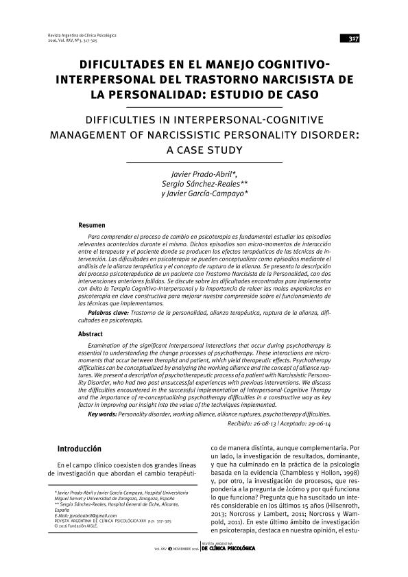 Dificultades en el manejo cognitivointerpersonal del trastorno narcisista de la personalidad: Estudio de caso