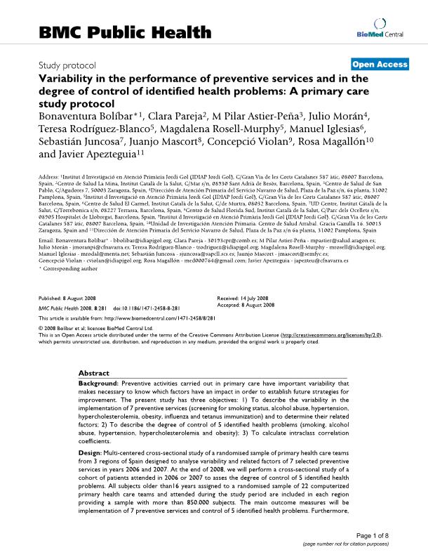 Variability in the performance of preventive services and in the degree of control of identified health problems: A primary care study protocol