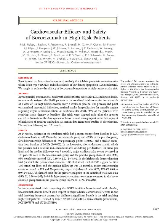 Cardiovascular efficacy and safety of bococizumab in high-risk patients