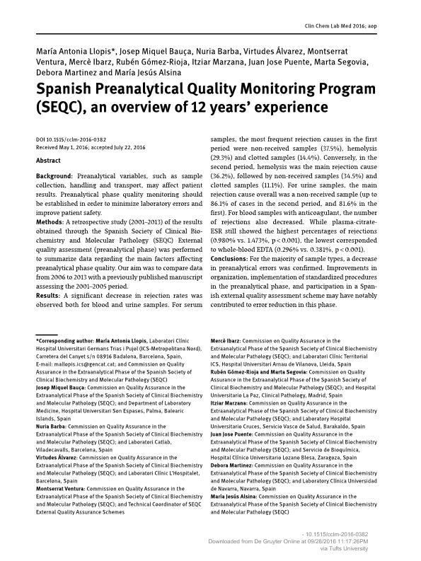 Spanish Preanalytical Quality Monitoring Program (SEQC), an overview of 12 years' experience