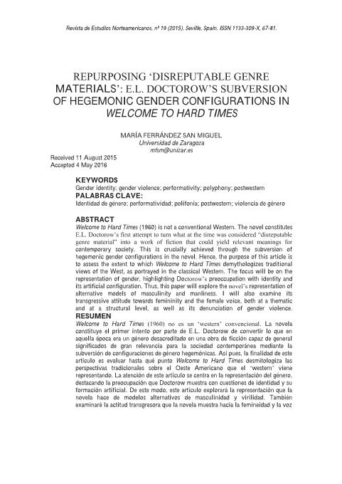 Repurposing 'disreputable genre materials': E.L. Doctorow's subversion of hegemonic gender configurations in welcome to hard times