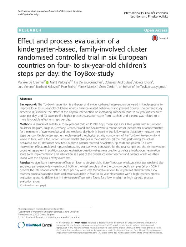 Effect and process evaluation of a kindergarten-based, family-involved cluster randomised controlled trial in six European countries on four- to six-year-old children's steps per day: The ToyBox-study
