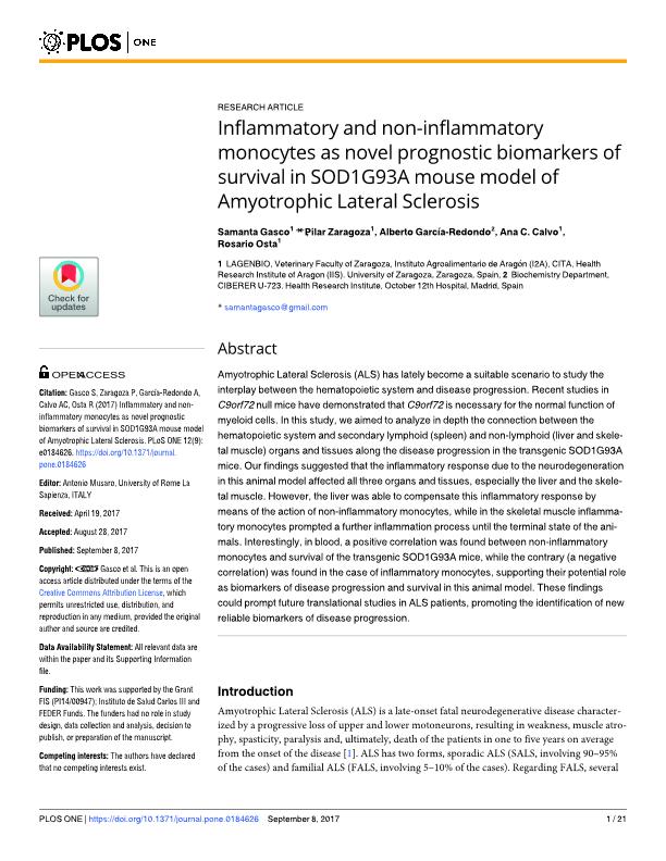 Inflammatory and non-inflammatory monocytes as novel prognostic biomarkers of survival in SOD1G93A mouse model of Amyotrophic Lateral Sclerosis