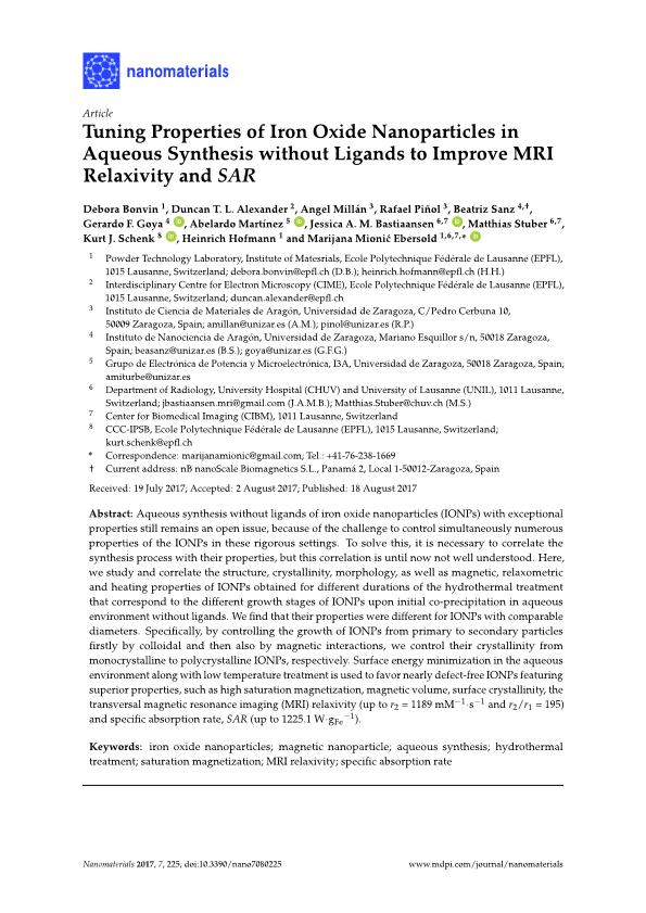 Tuning properties of iron oxide nanoparticles in aqueous synthesis without ligands to improve MRI relaxivity and SAR